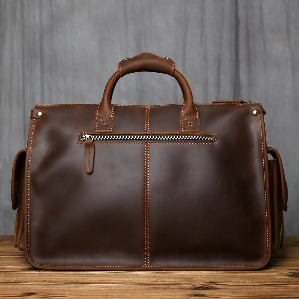 Men's Crazy Horse Leather Briefcase – Hard Structured Satchel, Rivet Detail, 16" Laptop