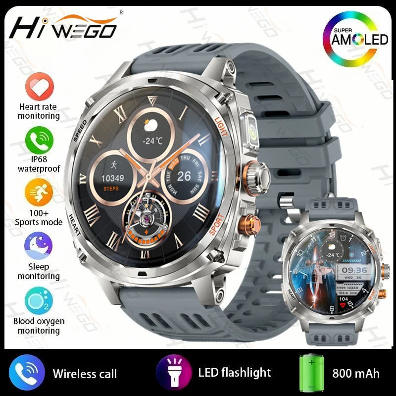 New 800mAh Battery Smart Watch Men's 1.75 inch Outdoor Sports IP68 Waterproof Watches BT Calling with LED Flashlight Smartwatch