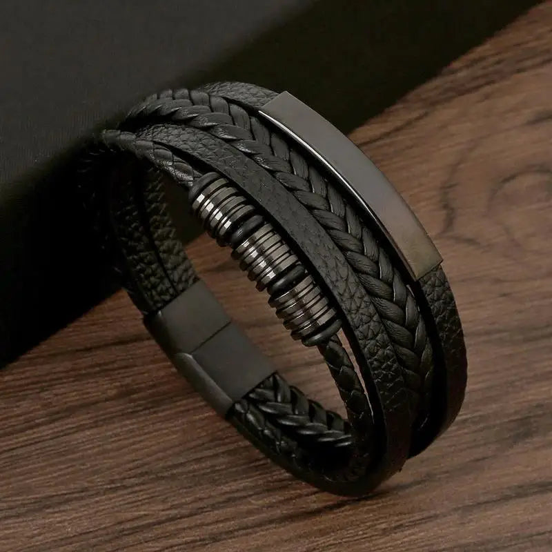Men's Viking Multilayer Leather Bracelet – Stainless Steel Insert, Punk Bangle
