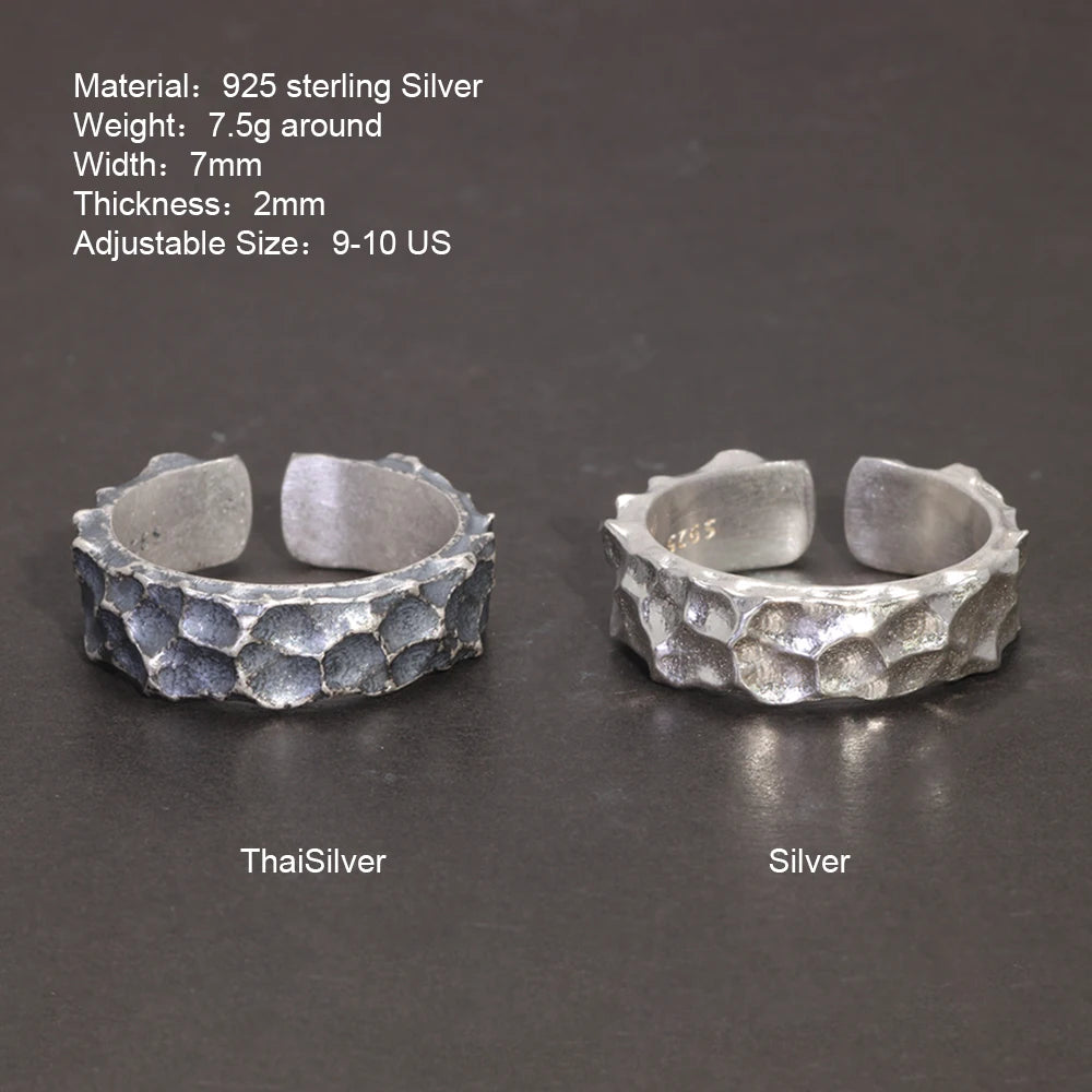 Real 925 Sterling Silver Mens Rings Open Type Hammer Pattern Retro Punk Viking Jewelry Resizable