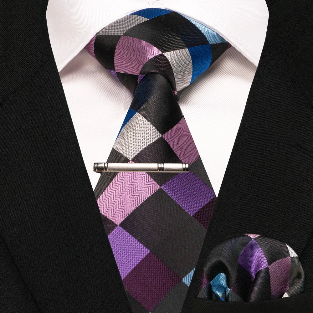 Men's Plaid Necktie Set – Tie, Pocket Square & Clip | 8cm