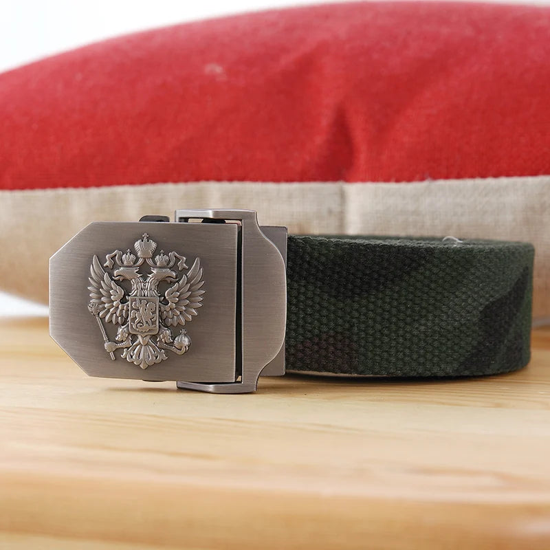 Men's Canvas Military Belt – Russian Emblem Silver Buckle