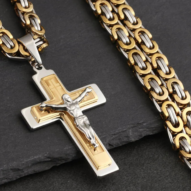 Men's Jesus Cross Pendant Necklace – Long Byzantine Chain, Stainless Steel, Religious