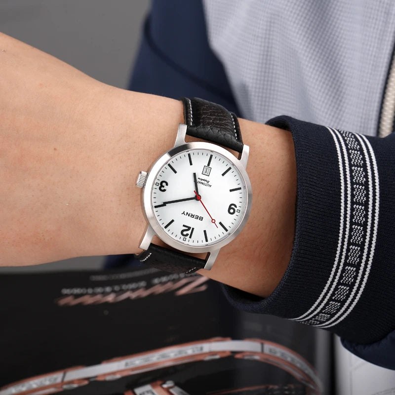 BERNY AM038M Automatic Watch – Seagull ST1612, Sapphire Crystal, Leather Strap, 50m Water Resistant