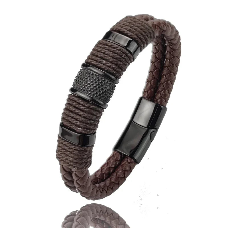 Men's Vintage Multilayer Leather Bracelet – Stainless Steel Bead Bangle