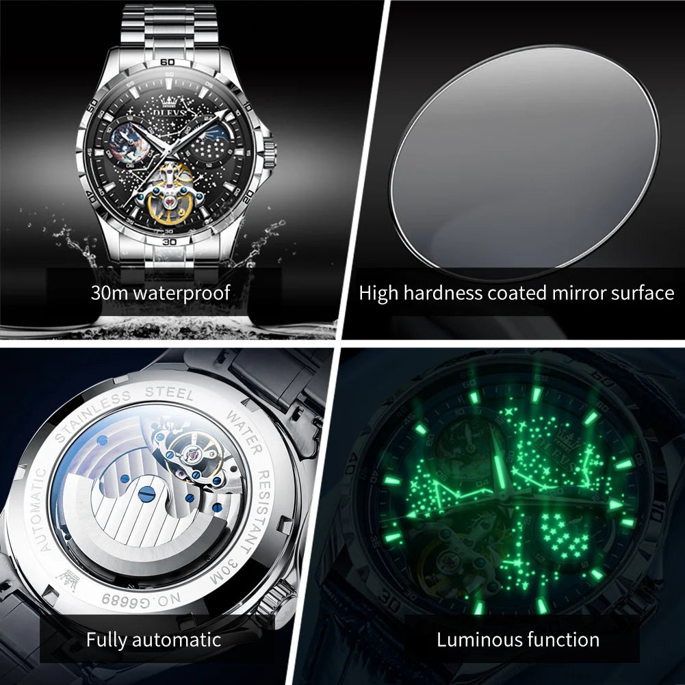 OLEVS 6689 Men's Automatic Watch | Moon Phase | Luminous | Stainless Steel