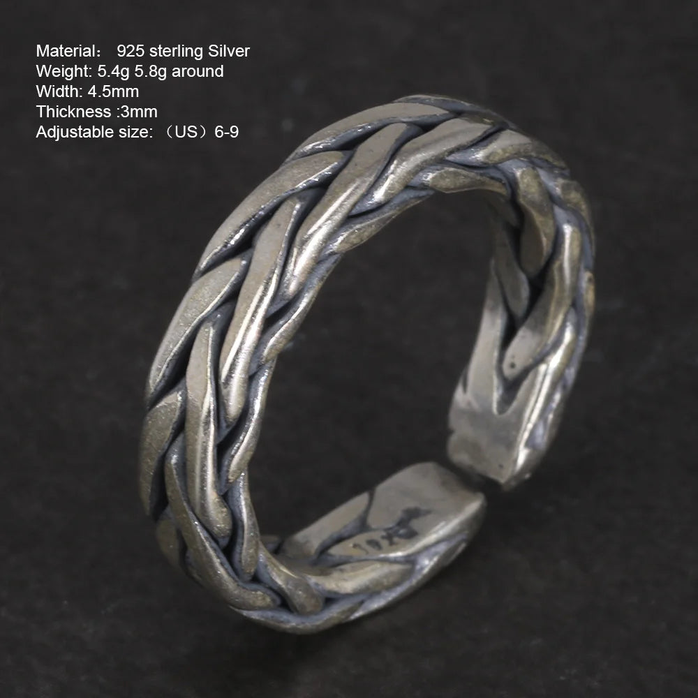 S925 Sterling Silver Braided Viking Ring — Adjustable Band