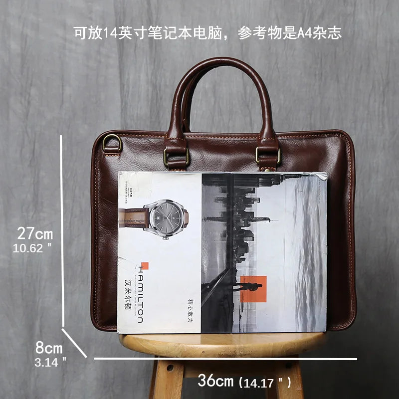 Men's Crazy Horse Leather Briefcase – Slim Natural Cowhide, 14" Laptop, Shoulder & Crossbody