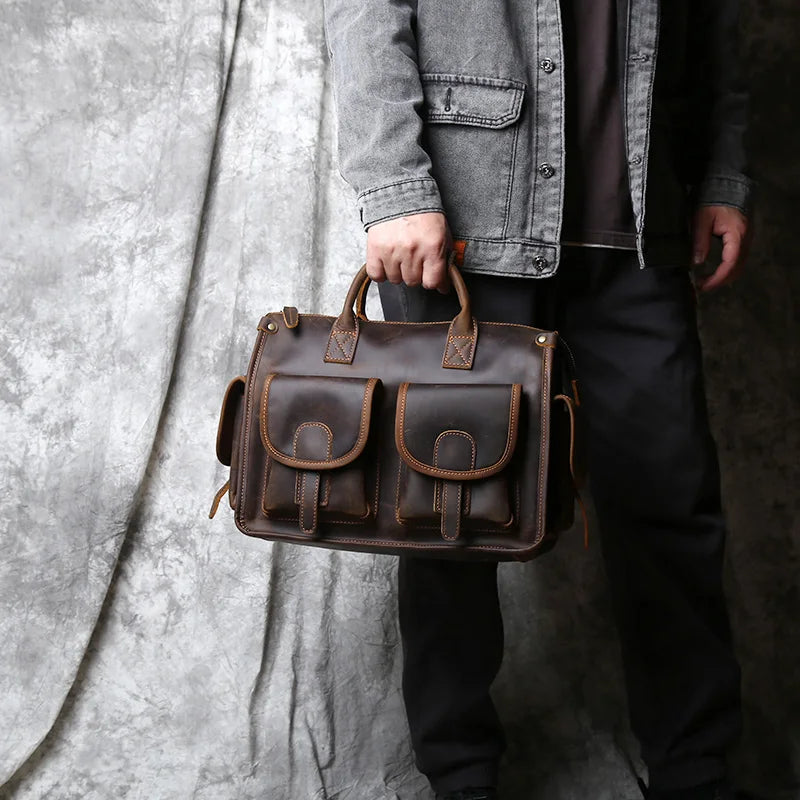 Men's Crazy Horse Leather Briefcase – Vintage Cowhide Satchel, 14" Laptop, Shoulder & Crossbody