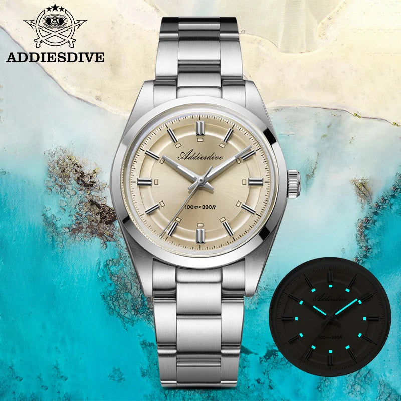 ADDIESDIVE AD2515 Quartz Watch – VH31, Bubble Glass, BGW9 Lume, 36mm, 100m Water Resistant