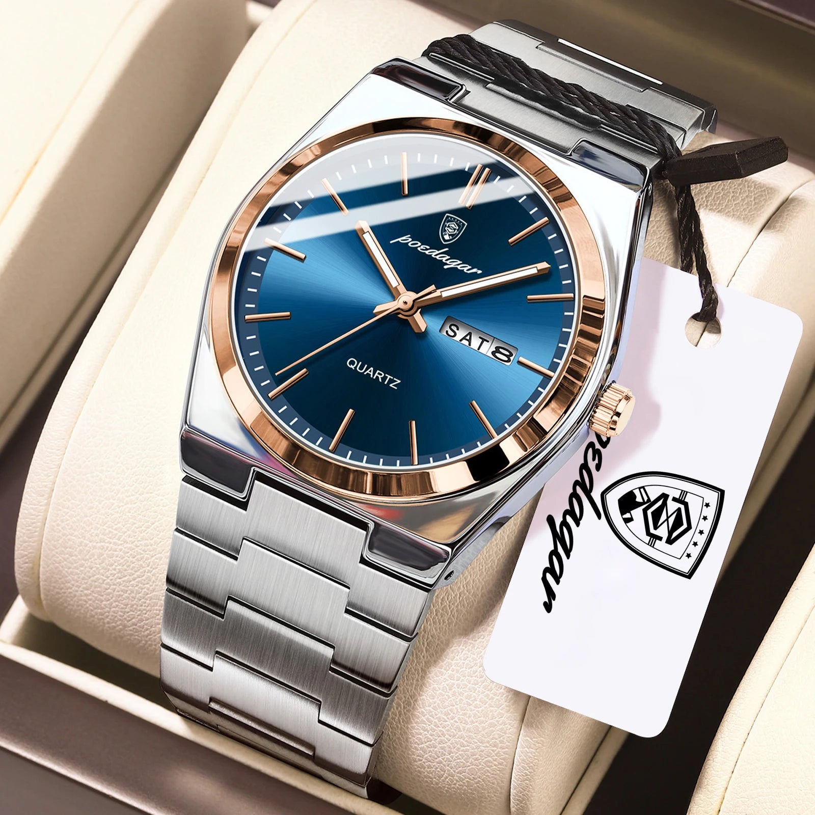 POEDAGAR Business Men Wristwatch Waterproof Stainless Steel Luminous Man Watch Date Week Fashion Quartz Men's Watches Male Reloj