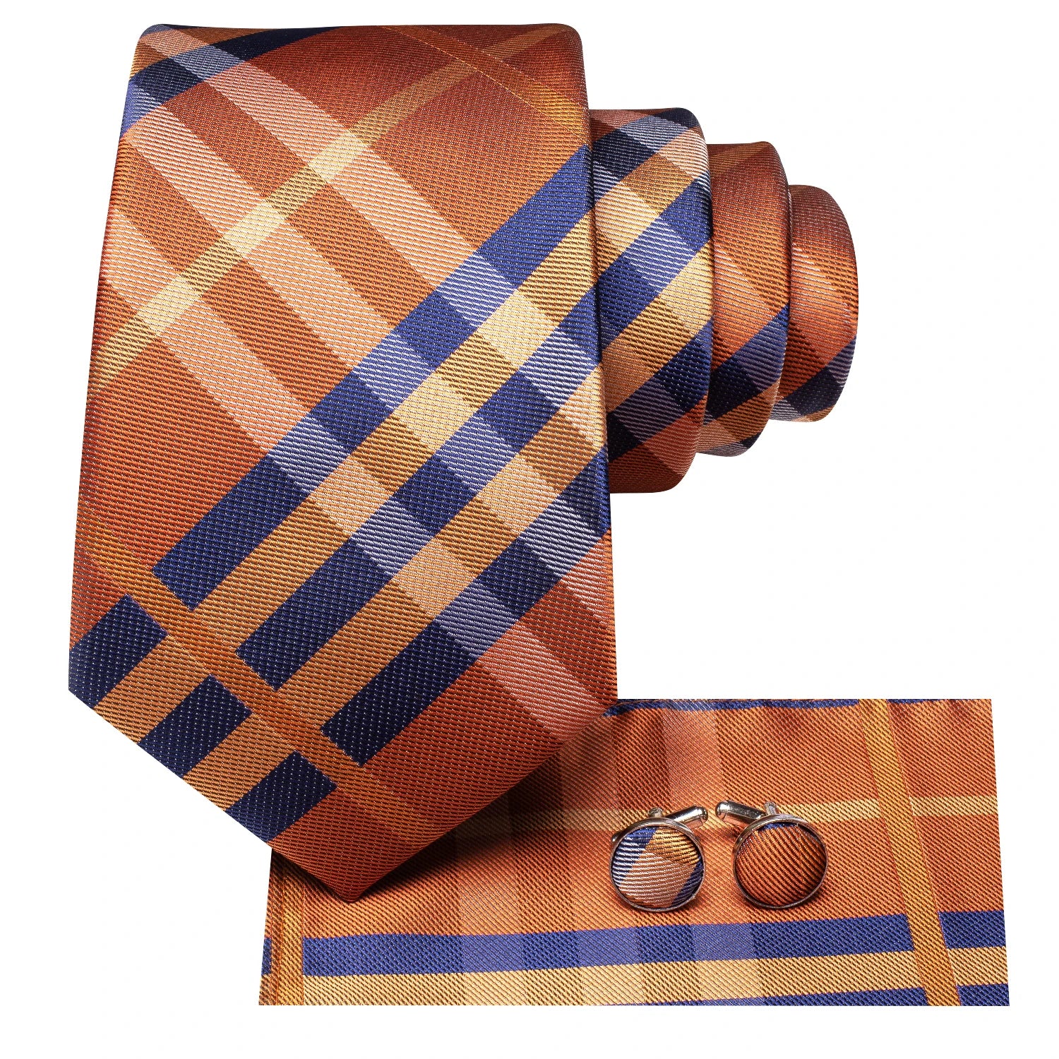 Hi-Tie Men's Striped Silk Necktie Set – Tie, Pocket Square & Cufflinks | Extra Long 170cm