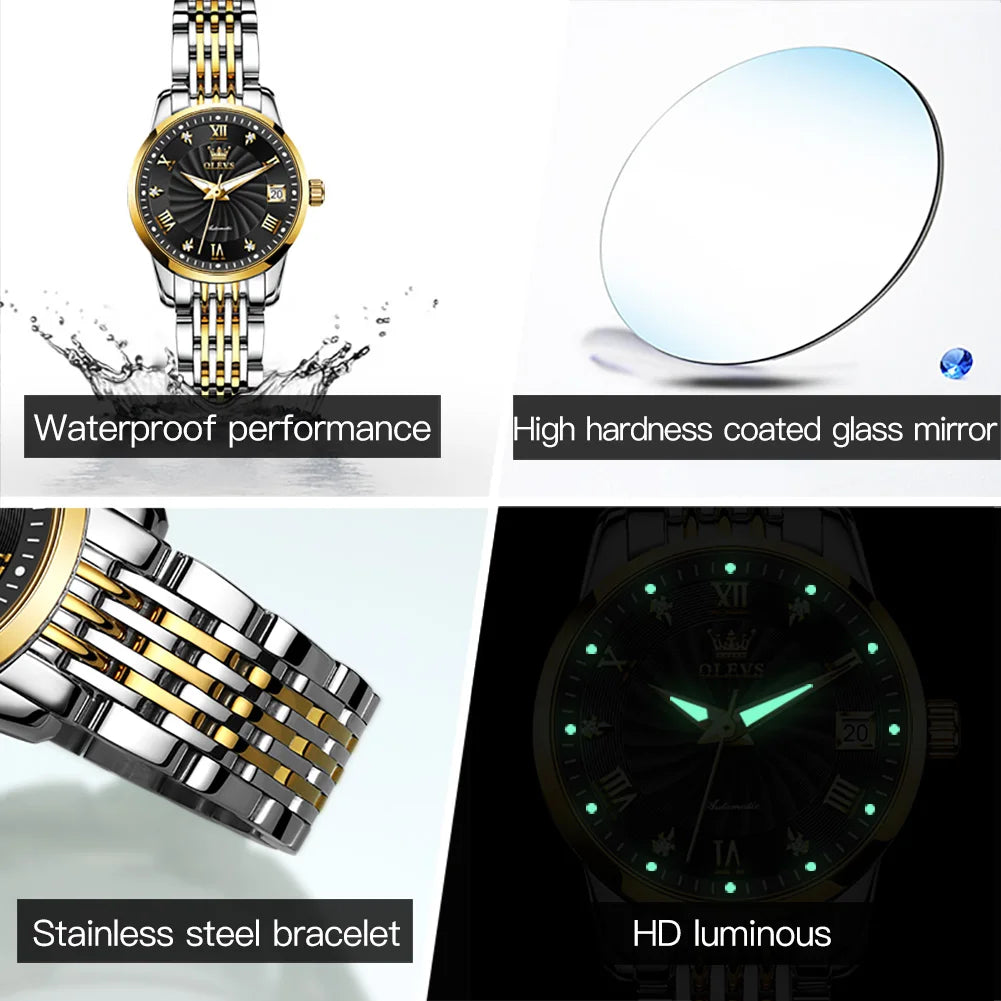 OLEVS 6630 Automatic Women's Watches Stainless Steel Waterproof Auto Date Luminous Ladies Watches Top Mechanical Watch for Women
