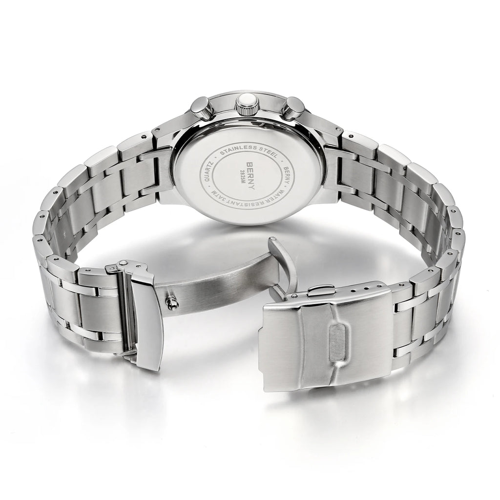 BERNY 2825M Quartz Chronograph Watch – Panda Dial, Sapphire-Coated Crystal, 38mm Stainless Steel