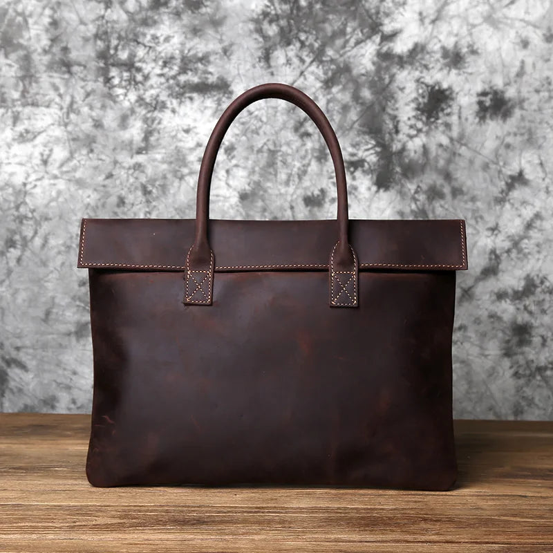 Men's Crazy Horse Leather Clutch Briefcase – Slim Cowhide, Two Sizes, 15" or 16" Laptop