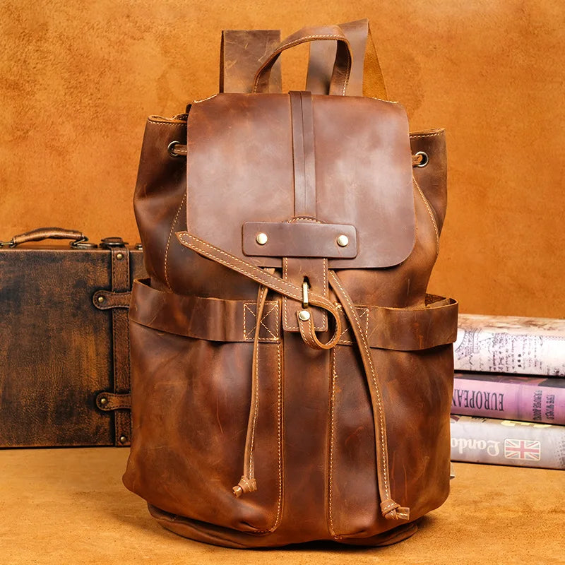 Miflame Vintage Crazy Horse Leather Backpack – Top Grain, Large Capacity, Laptop