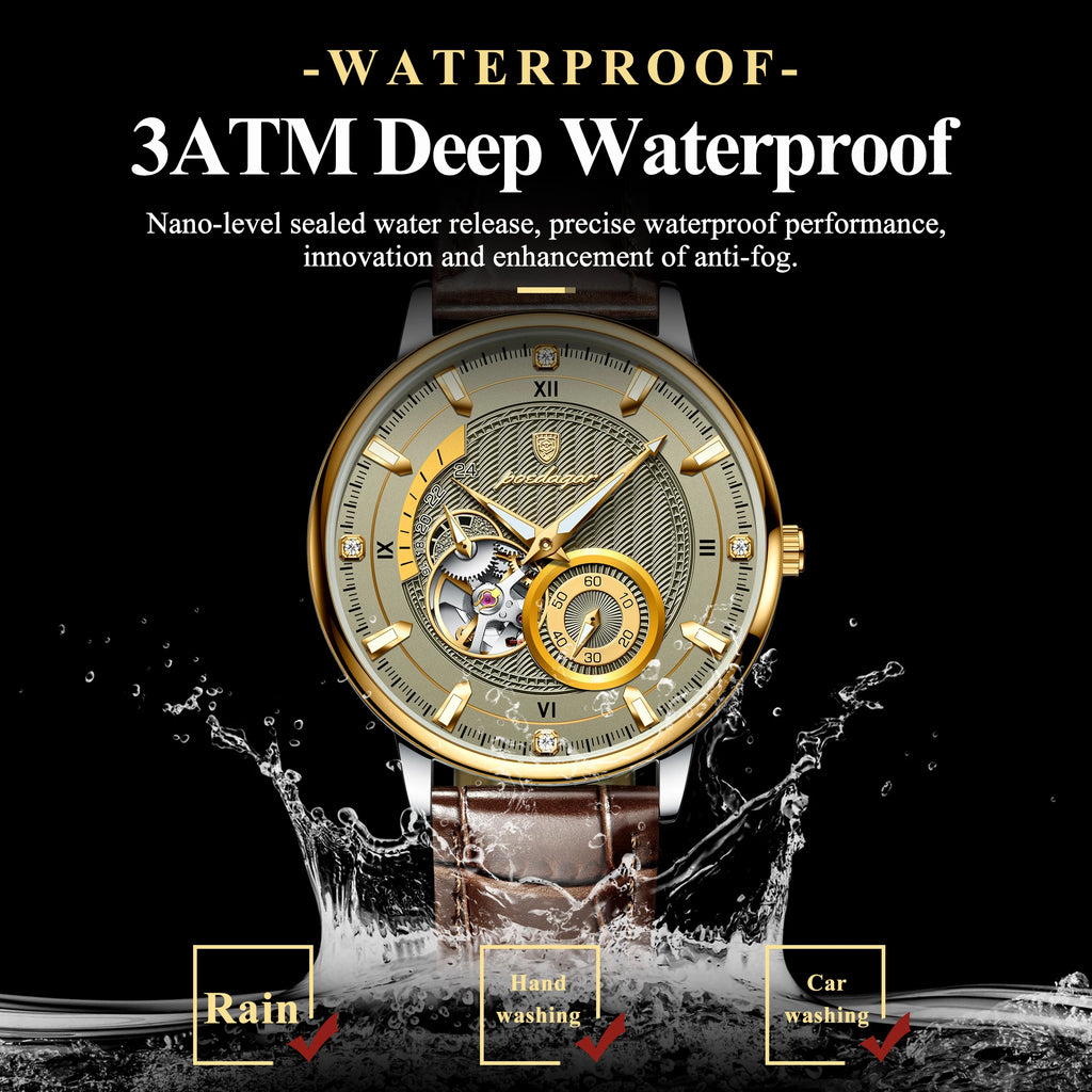 POEDAGAR Business Men Watch Waterproof Luminous Hollow Tourbillon Leather Male Clock Fashion Automatic Mechanical Men's Watches
