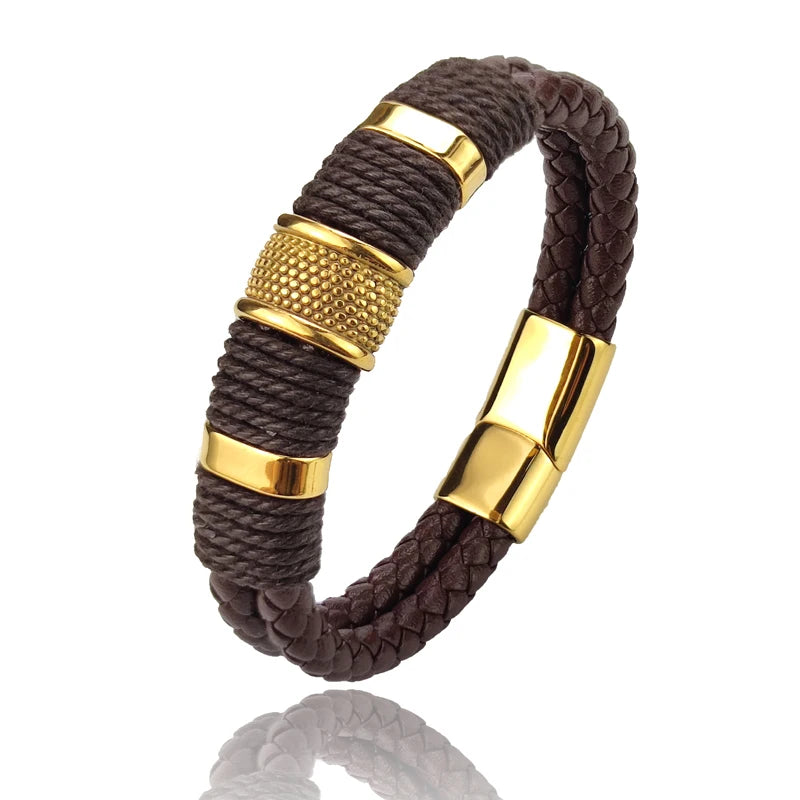 Men's Vintage Multilayer Leather Bead Bracelet – Stainless Steel Charm Bangle