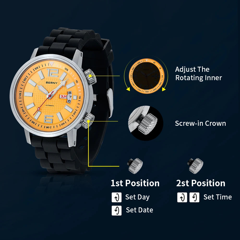 BERNY AM7081M Automatic Dive Watch – Miyota 8205, Sapphire Crystal & Caseback, 200m Water Resistant