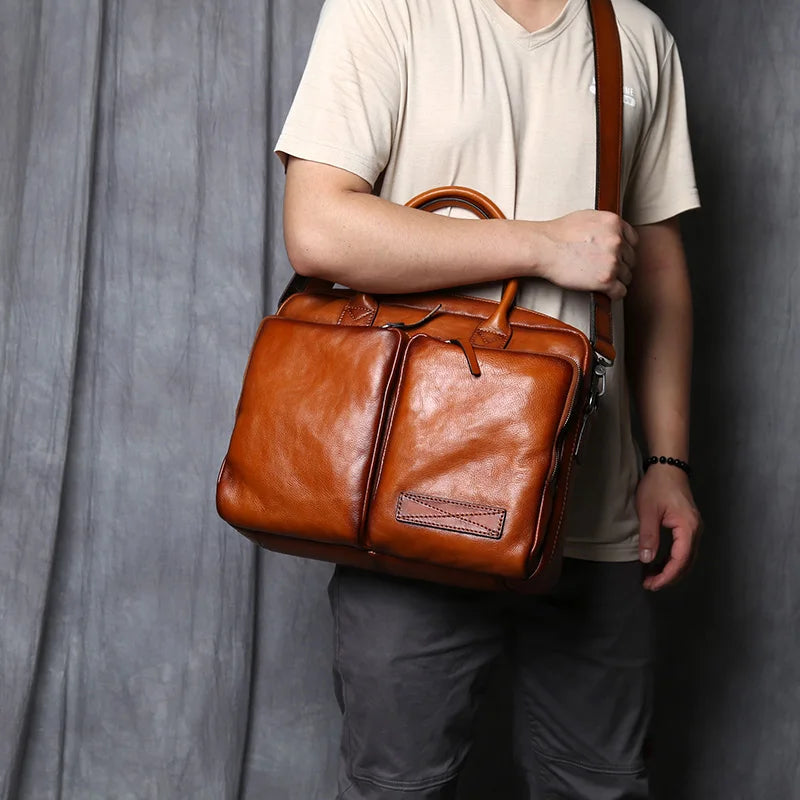 Men's Genuine Leather Briefcase – Retro Cowhide, Back 12" Tablet Pocket, 14" Laptop
