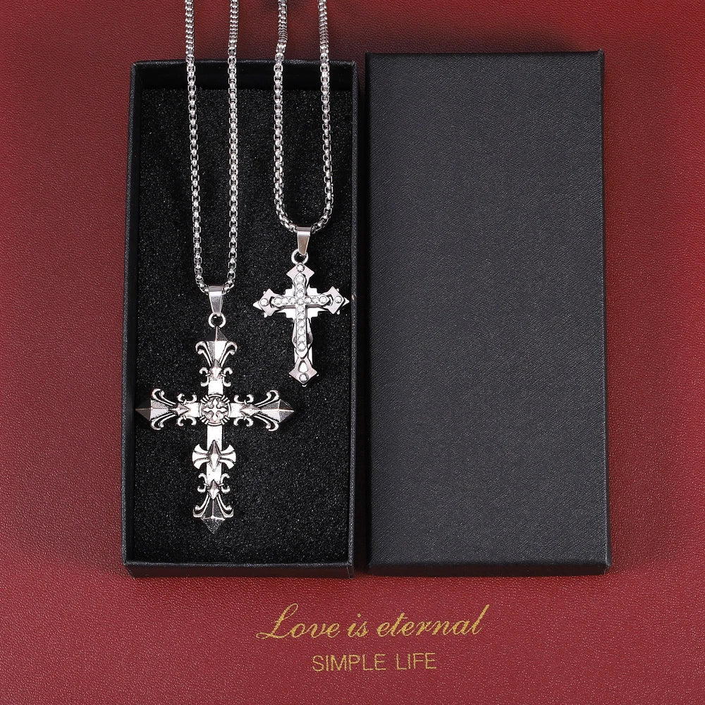 Men's Titanium Steel Cross Pendant Necklace – Rhinestone, Non-Fading, Hip-Hop Style