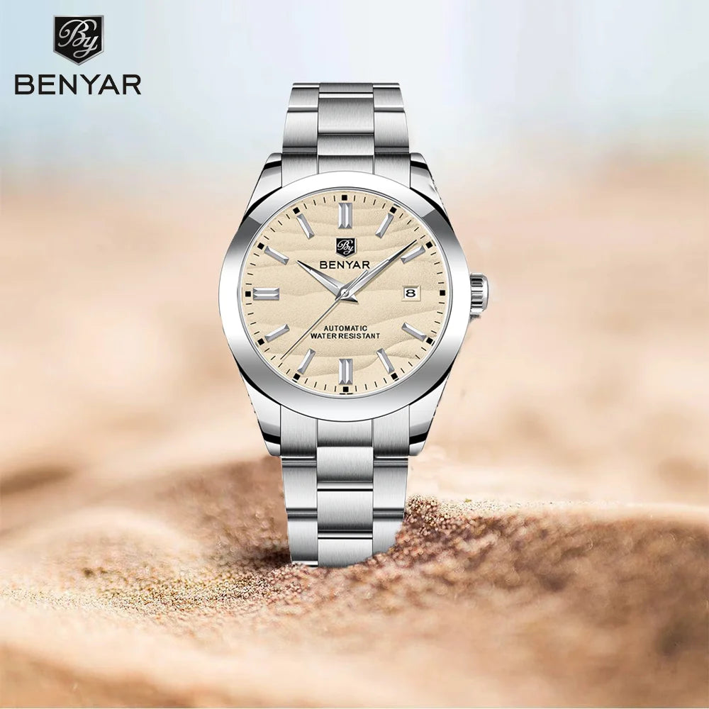 BENYAR BY-5208 Automatic Watch – Sand Grain Dial, 40mm Stainless Steel, 50m Water Resistant