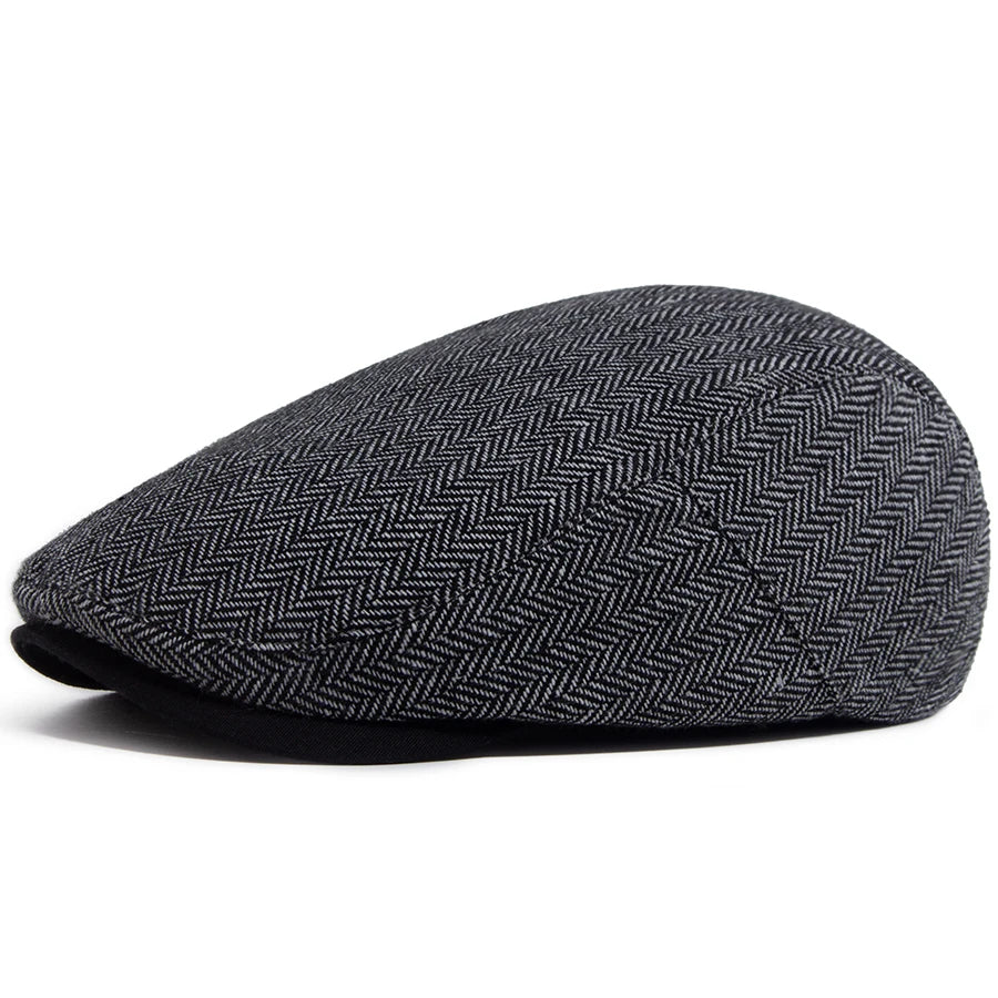 Men's Vintage Herringbone Beret – Adjustable Retro Flat Cap with Visor