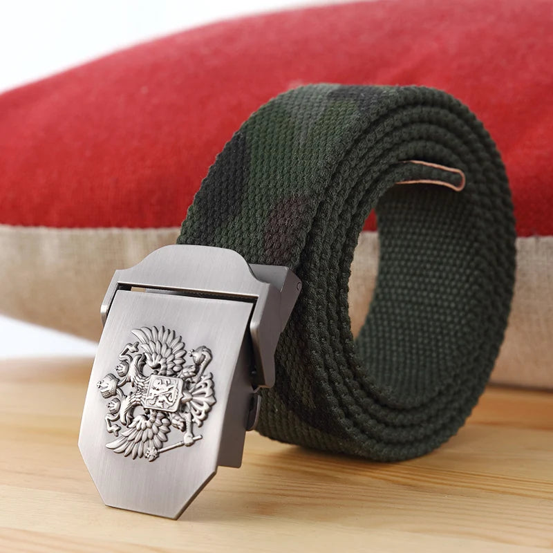 Men's Canvas Military Belt – Russian Emblem Silver Buckle