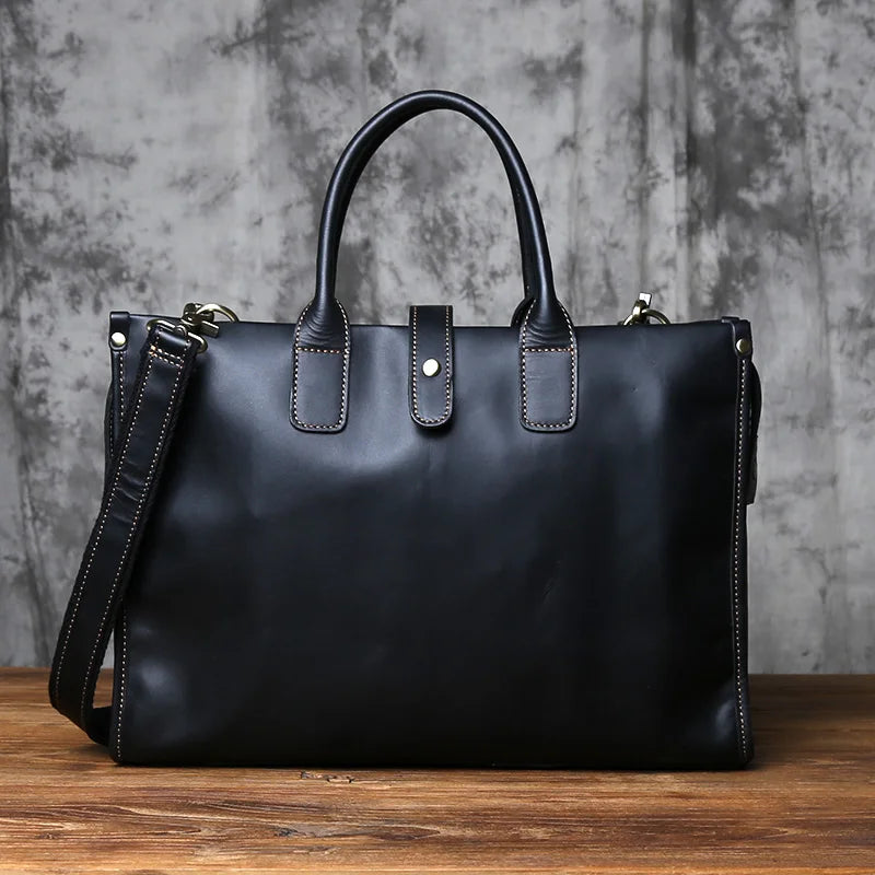 Men's Crazy Horse Leather Briefcase – Satchel Style, Embroidery Detail, 15" Laptop