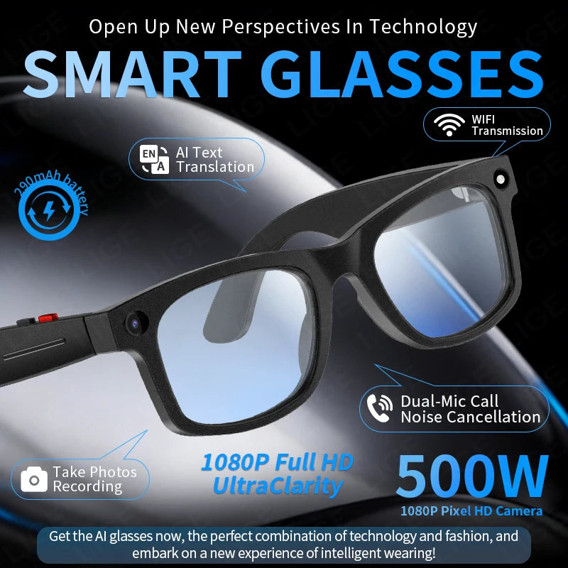 LIGE AI Smart Glasses – 5MP Camera, 1080P, Dual-Band Wi-Fi, ChatGPT, AI Translation