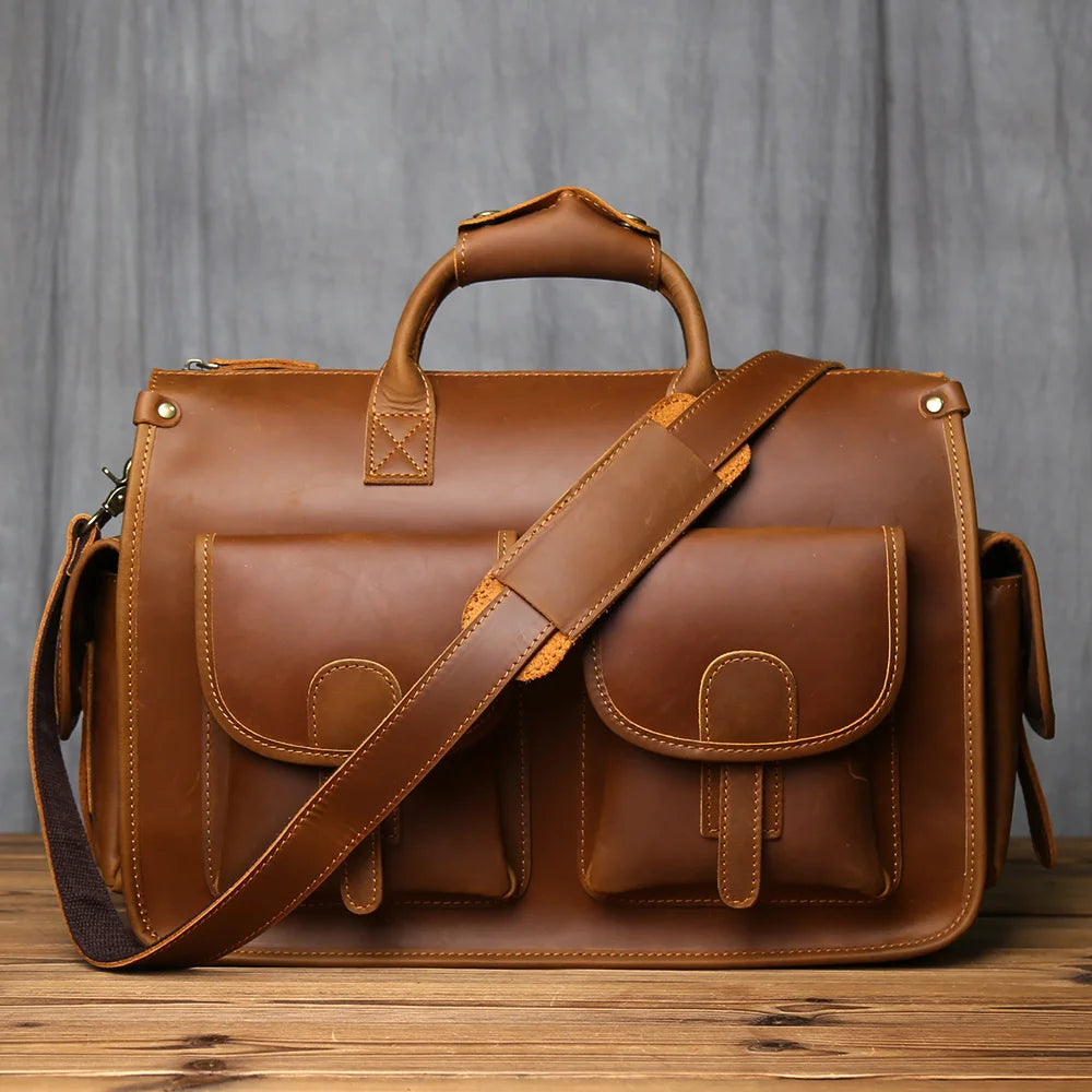 Men's Crazy Horse Leather Briefcase – Hard Structured Satchel, Rivet Detail, 16" Laptop