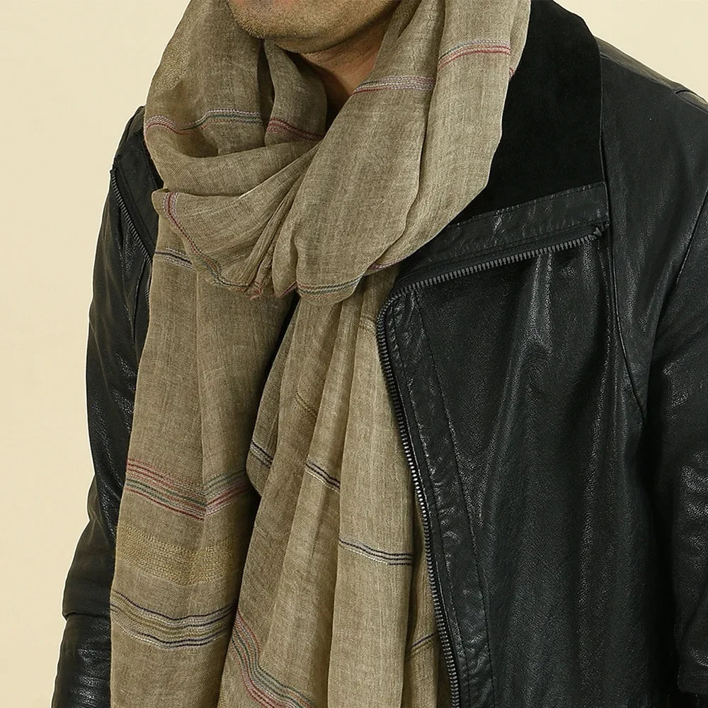 Men's Yarn-Dyed Striped Cotton Linen Scarf | Tassel Shawl & Wrap