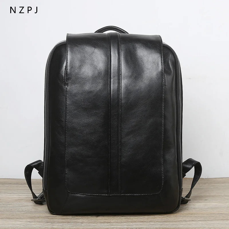 Men's Genuine Leather Backpack – Vintage Natural Cowhide, 15.6" Laptop & 13" Tablet, Handmade