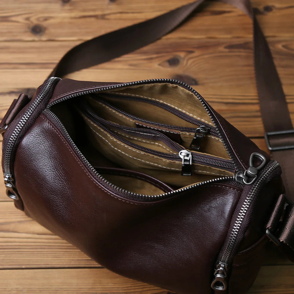 Men's Genuine Leather Shoulder Bag – Compact Natural Cowhide Crossbody, 10" iPad