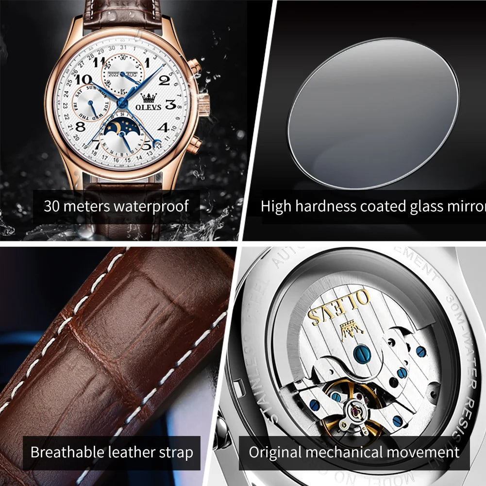 OLEVS Original Automatic Mechanical Watch for Men Leather Strap Moon Phase Waterproof  Week Calendar Business Men's Wristwatches