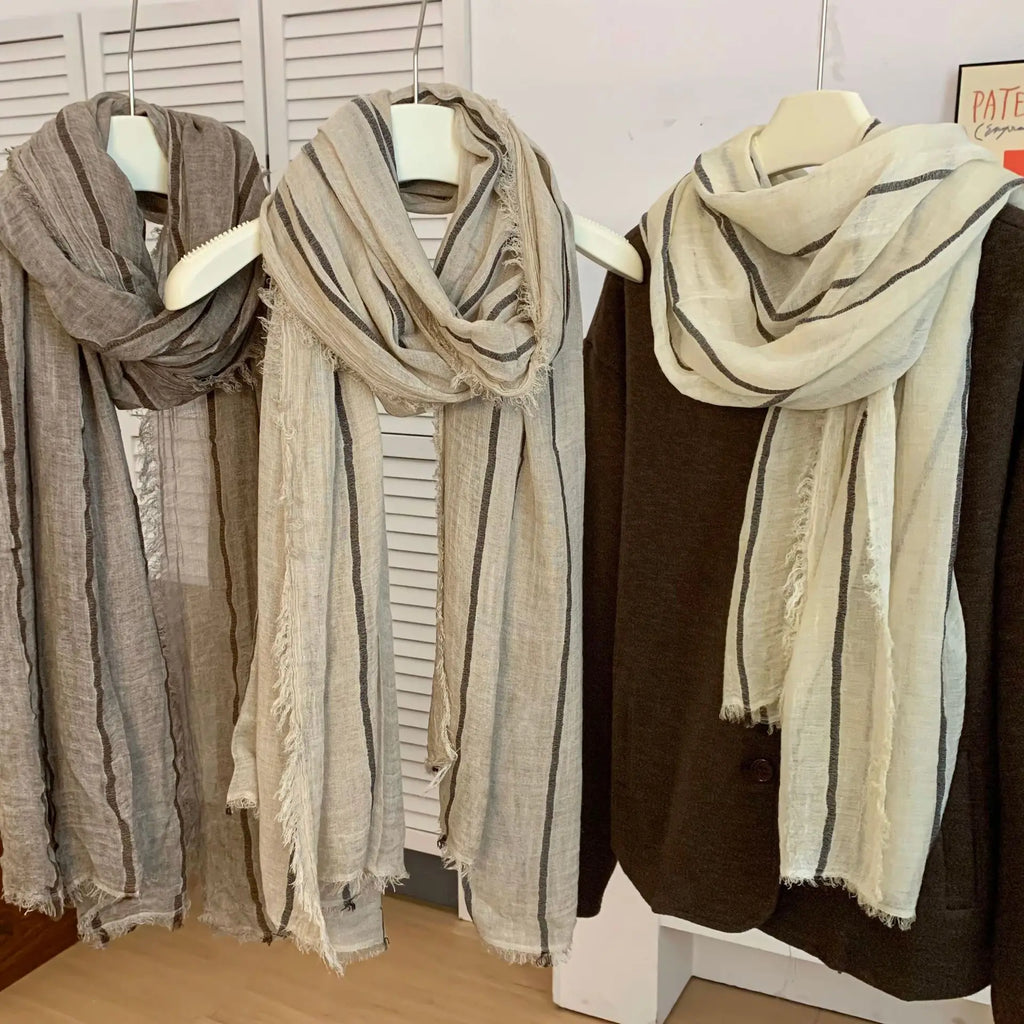 Cotton Linen Striped Scarf – Oversized 200cm, Neutral Tones