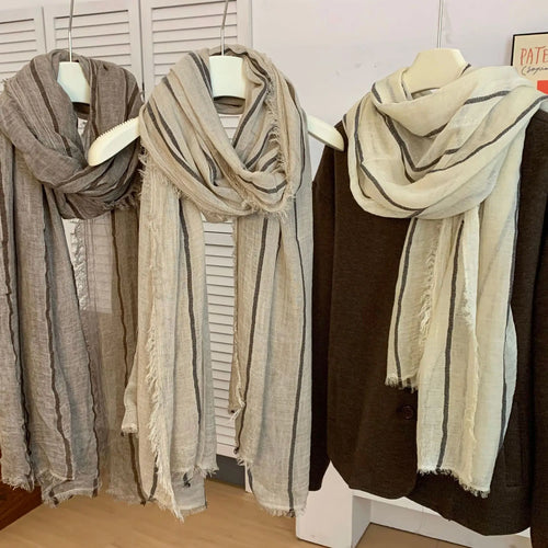 Cotton Linen Striped Scarf – Oversized 200cm, Neutral Tones