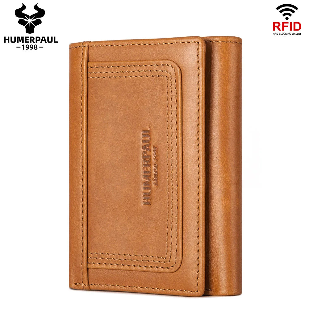 HUMERPAUL Genuine Leather Trifold Wallet – RFID Blocking, Coin Pocket & Card Holder