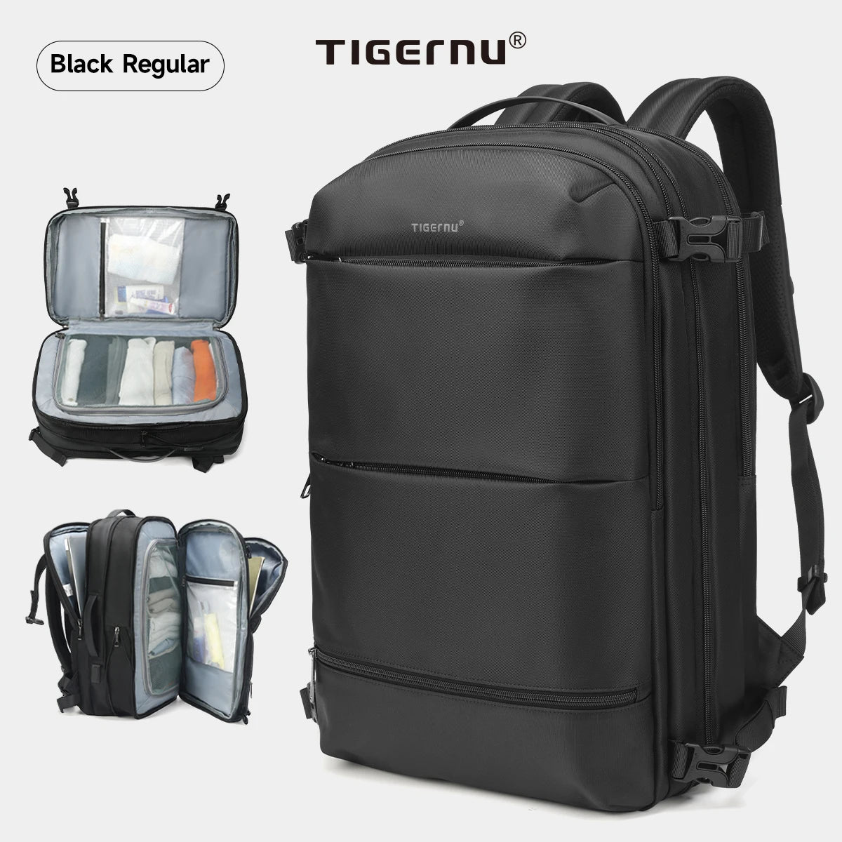 Tigernu Vacuum Compression Backpack – Expandable 27–37L, TSA Lock, USB Charging, 17" Laptop