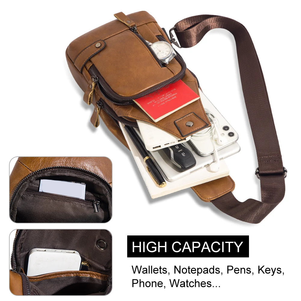 Genuine Leather Chest Bag for Men — USB Charging Crossbody & Shoulder Pack