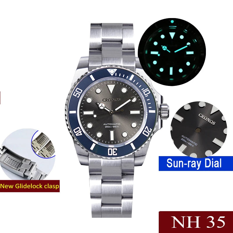 Cronos L6015 40mm Dive Watch – NH35, Ceramic Bezel, BGW9 Lume, 200m, Glidelock Clasp