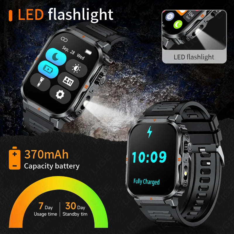 LIGE Smart Watch – 2.01" Display, Flashlight, 40-Day Standby, Bluetooth Calling, IP68