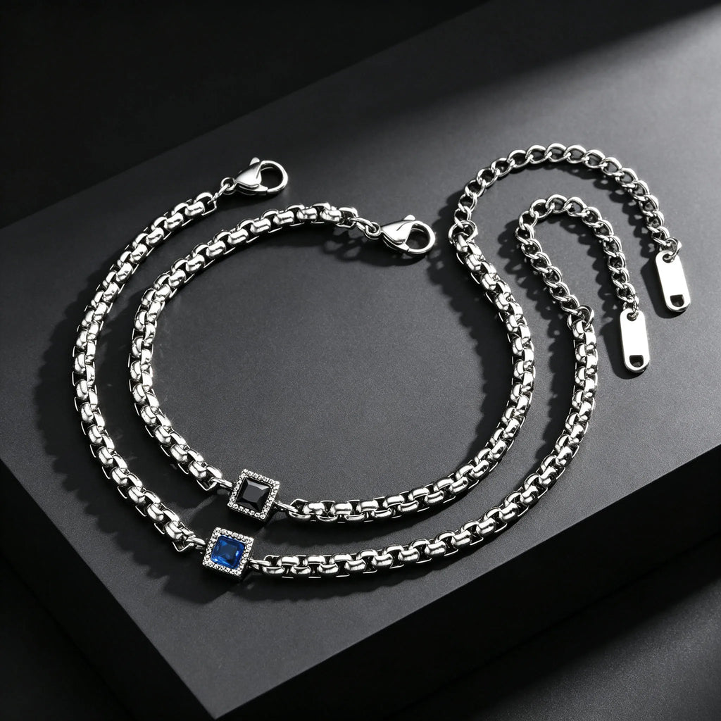 Men's Zircon Charm Bracelet, 4mm Square Chain Stainless Steel Bracelets, Fashion Waterproof Jewelry Gift for Men
