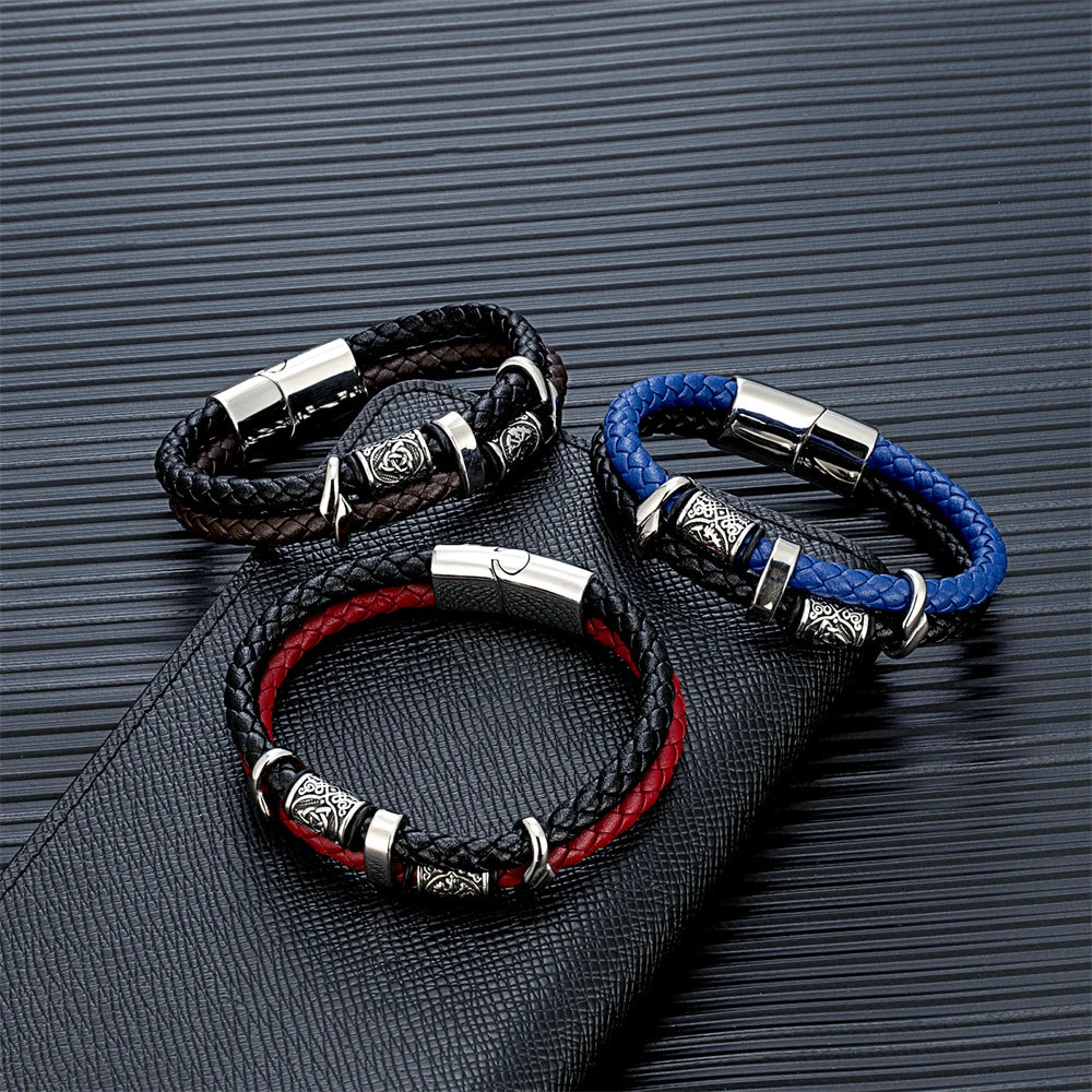 Vintage Vikings Compass Multilayer Genuine Leather Bracelet Men Stainless Steel Norse Runes Valknut Bangle Scandinavian Jewelry