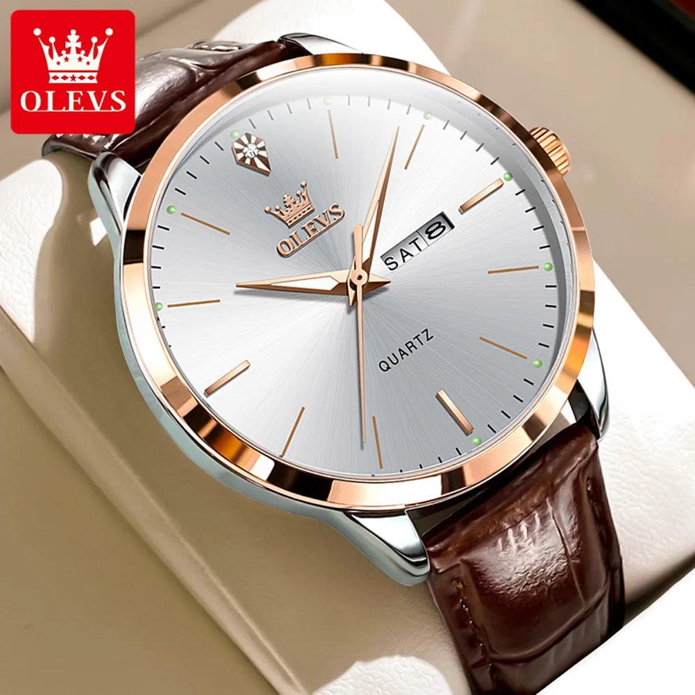 OLEVS Top Original Quartz Watches for Men Simplicity Dual Calendar Large Dial Leather Strap Waterproof Luminous Men's Wristwatch
