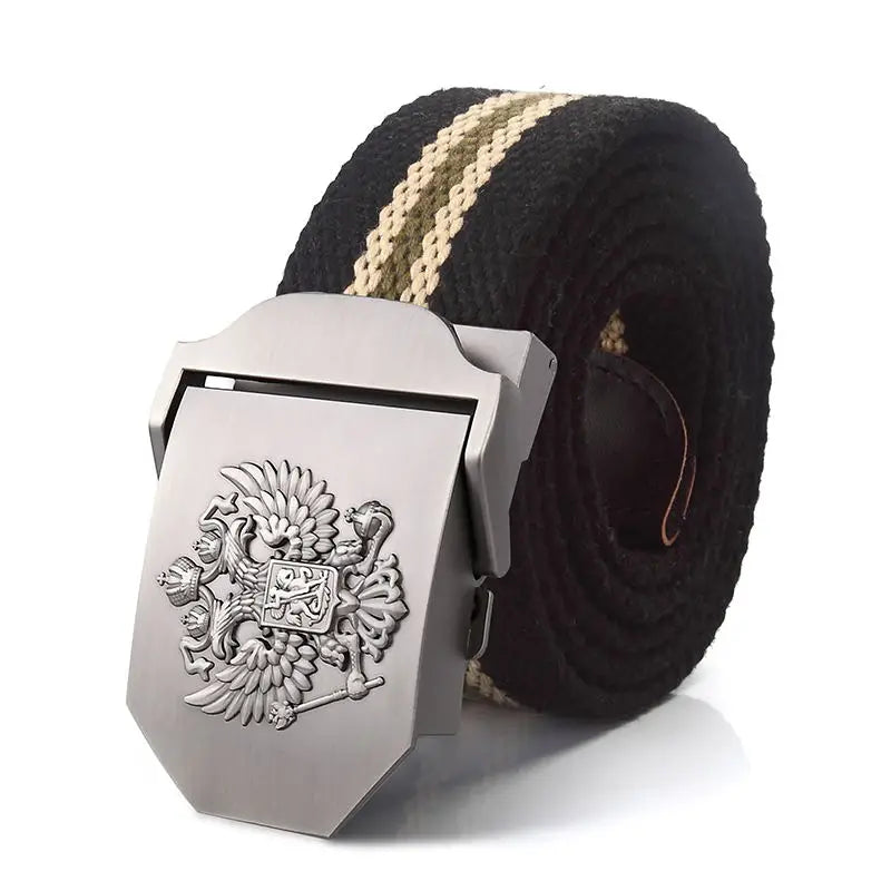 Men's Canvas Military Belt – Russian Emblem Silver Buckle