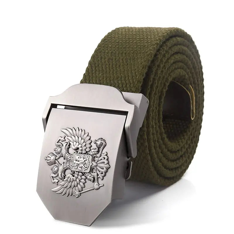 Men's Canvas Military Belt – Russian Emblem Silver Buckle