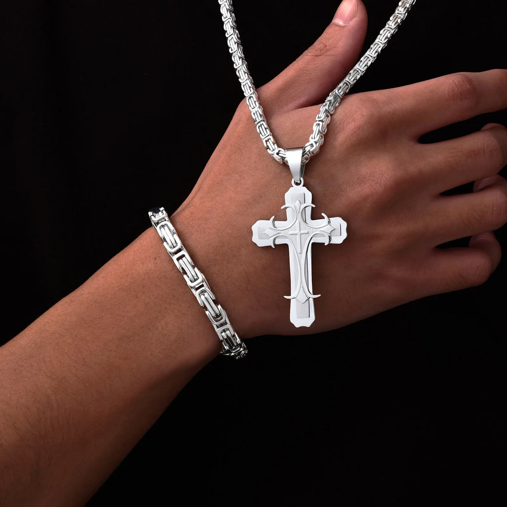 Mens Cross Pendant Necklace Sets,Two Tone Stainless Steel Byzantine Bracelets,Punk Jewelry Sets Gift to Husband Father Dad BBF