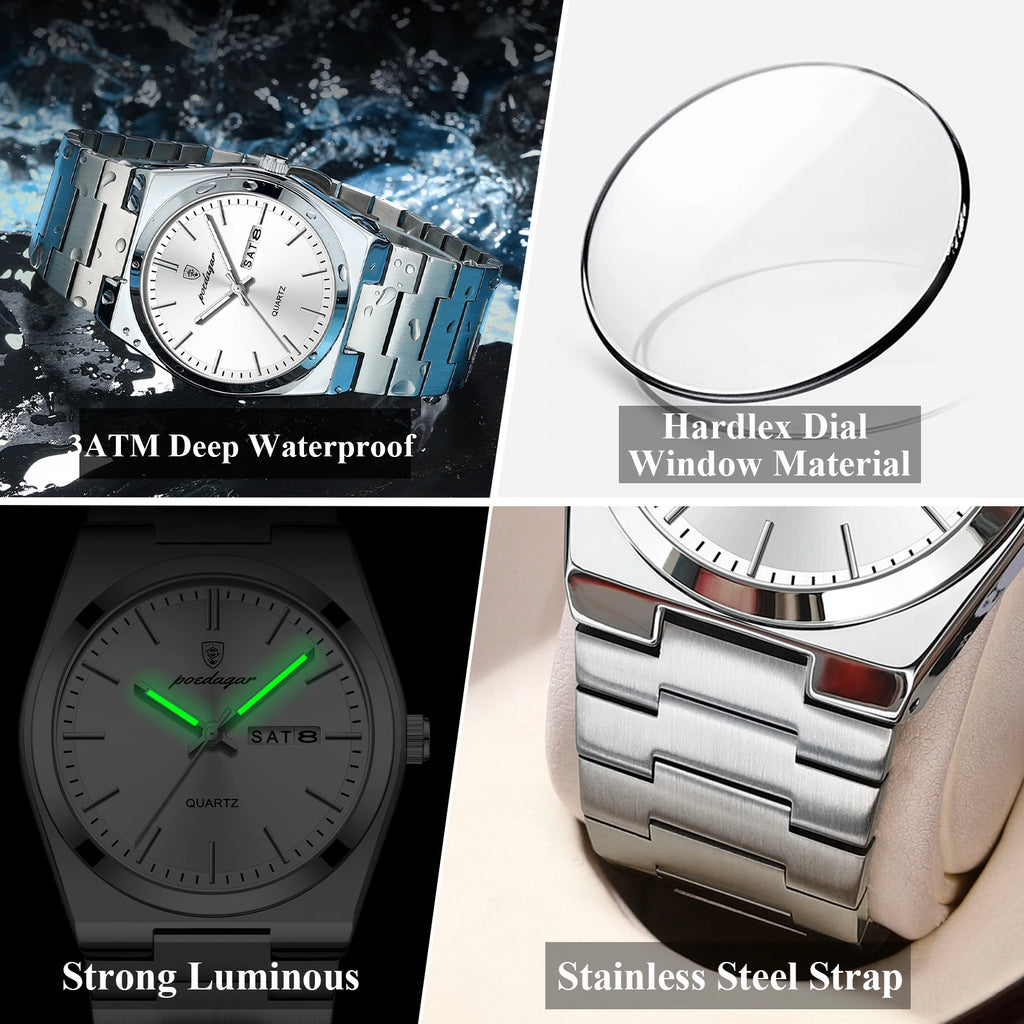 POEDAGAR Business Men Wristwatch Waterproof Stainless Steel Luminous Man Watch Date Week Fashion Quartz Men's Watches Male Reloj