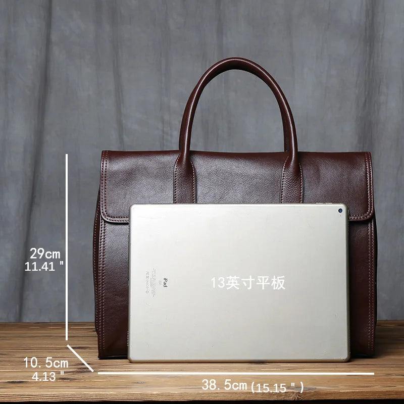 Men's Genuine Leather Briefcase – Magnetic Hasp Satchel, Trolley Sleeve, 14" Laptop